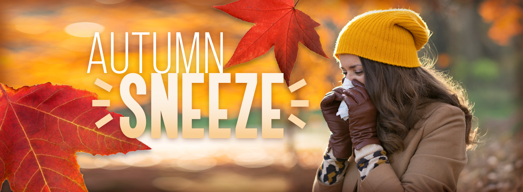 Image illustrating female sneezing, promoting tips to alleviate symptoms caused by fall allergies.